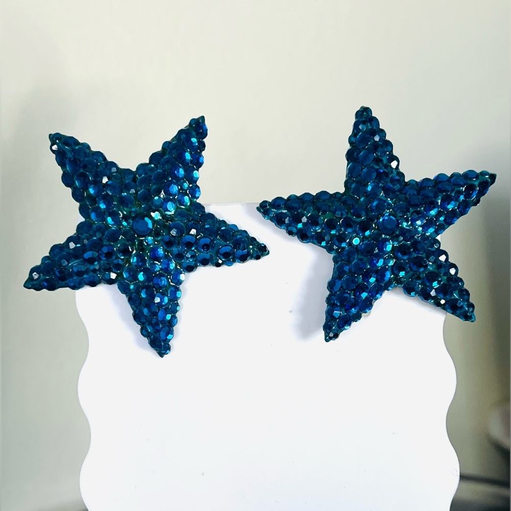 Richard Kerr vintage vibrant blue Starfish crystals clip on earrings